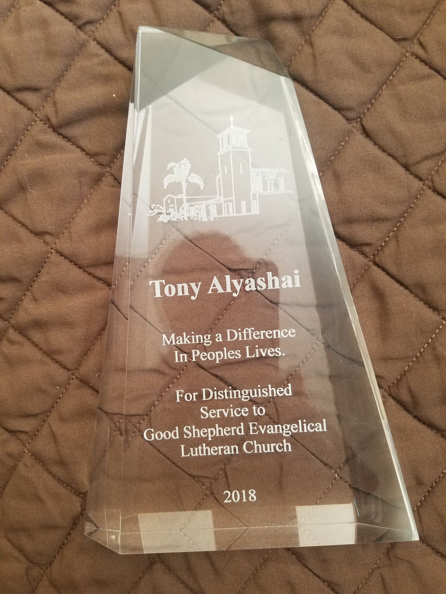 Distinguished Service Award from Good Shepherd Evangelical Lutheran Church, 2018.